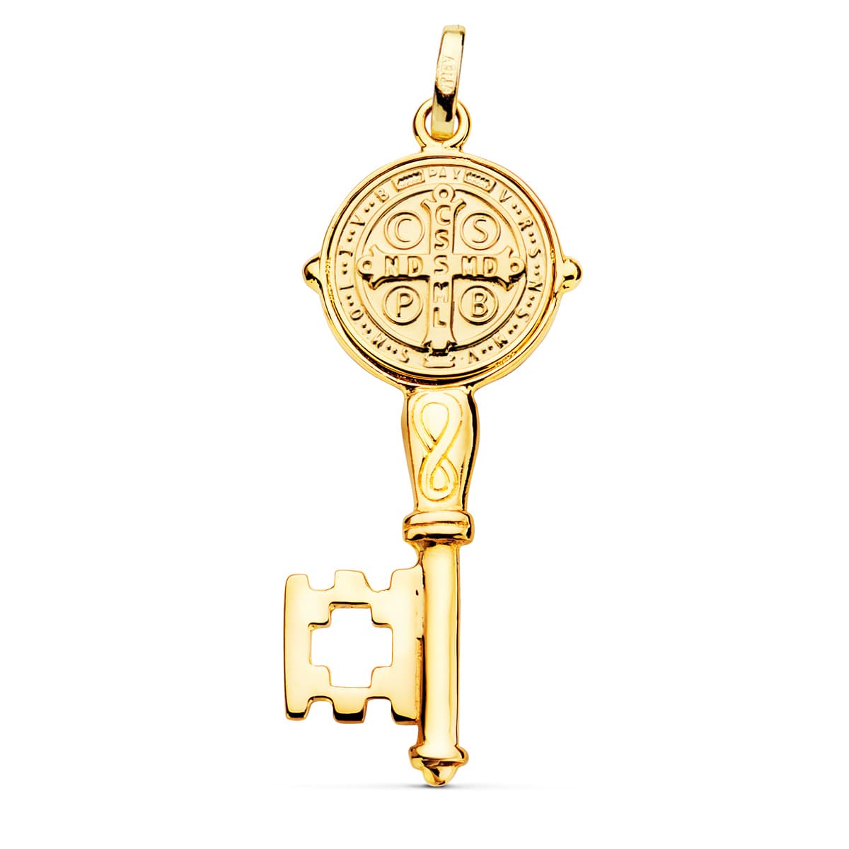 18K LLAVE ESCAPULARIO ORO AMARILLO SAN BENITO MONJE BRILLO MEDALLA ORO AMARILLO 12 MM LLAVE 33X16 MM