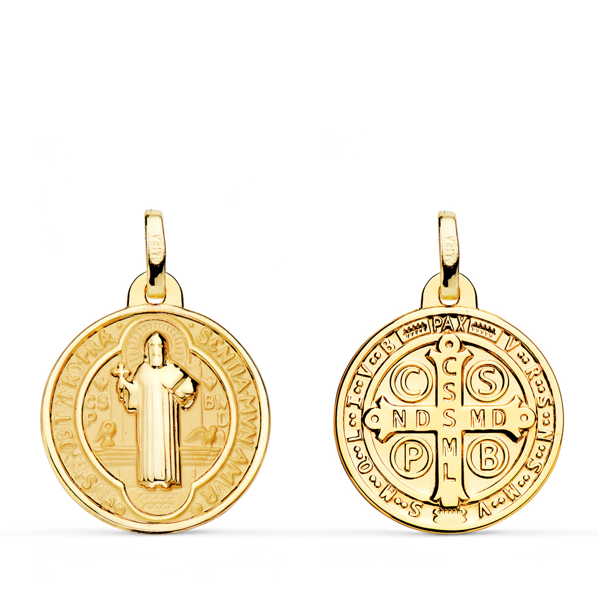18K MEDALLA ESCAPULARIO SAN BENITO MONJE BRILLO Y FONDO MATIZADO 18 MM ESPALDA EN BRILLO