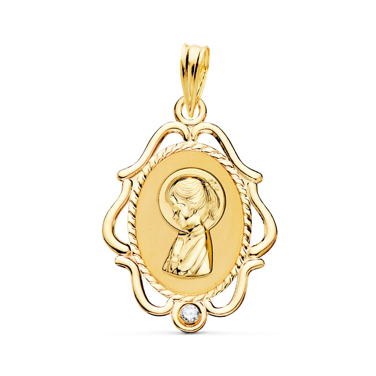 18K MEDALLA ORO AMARILLO VIRGEN NIÑA CERCO CALADO BRILLO CON CIRCONITA 24X17 MM