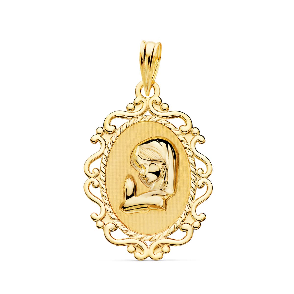 18K MEDALLA ORO AMARILLO VIRGEN NIÑA PERFIL CERCO CALADO BRILLO. 23 X 16 MM