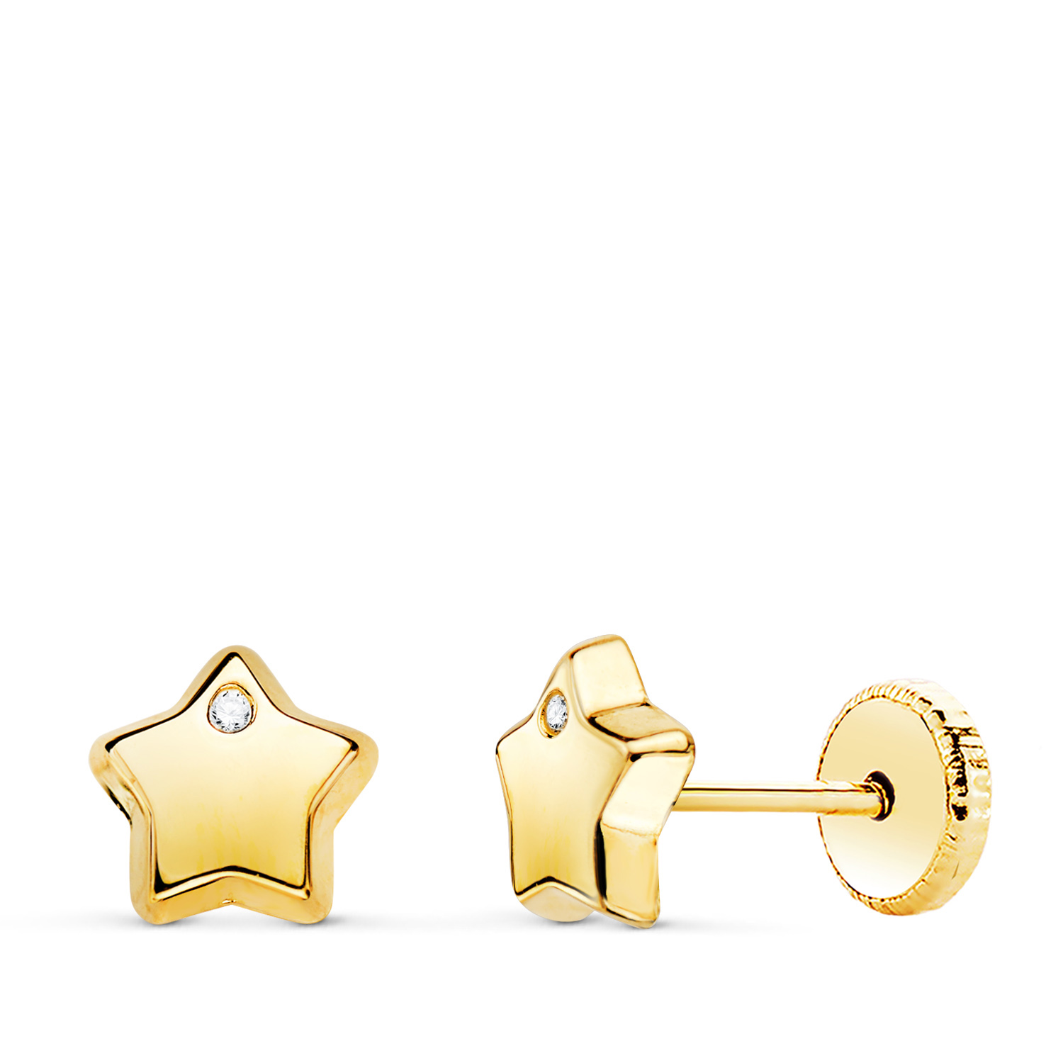 18K PENDIENTES ORO AMARILLO CON ESTRELLA Y CIRCONITA BRILLO 6,5X6,5 MM. CIERRE TUERCA