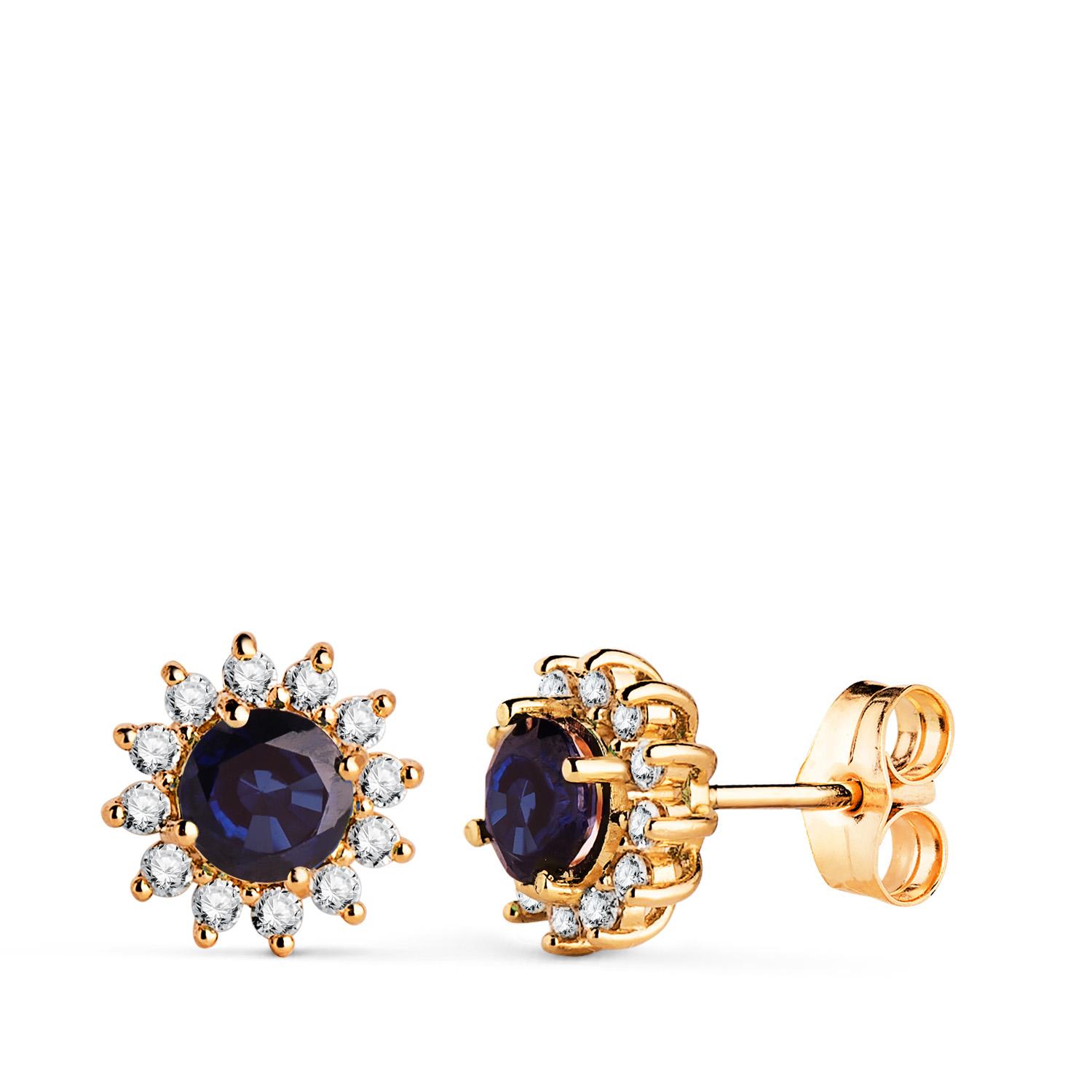 18K PENDIENTES ORO AMARILLO ZAFIRO DIFUSION 5 MM 1,12 QT. 24 DIAMANTES LABORATORIO 0,340 QTS. VS2-G. 9 MM CIERRE PRESION