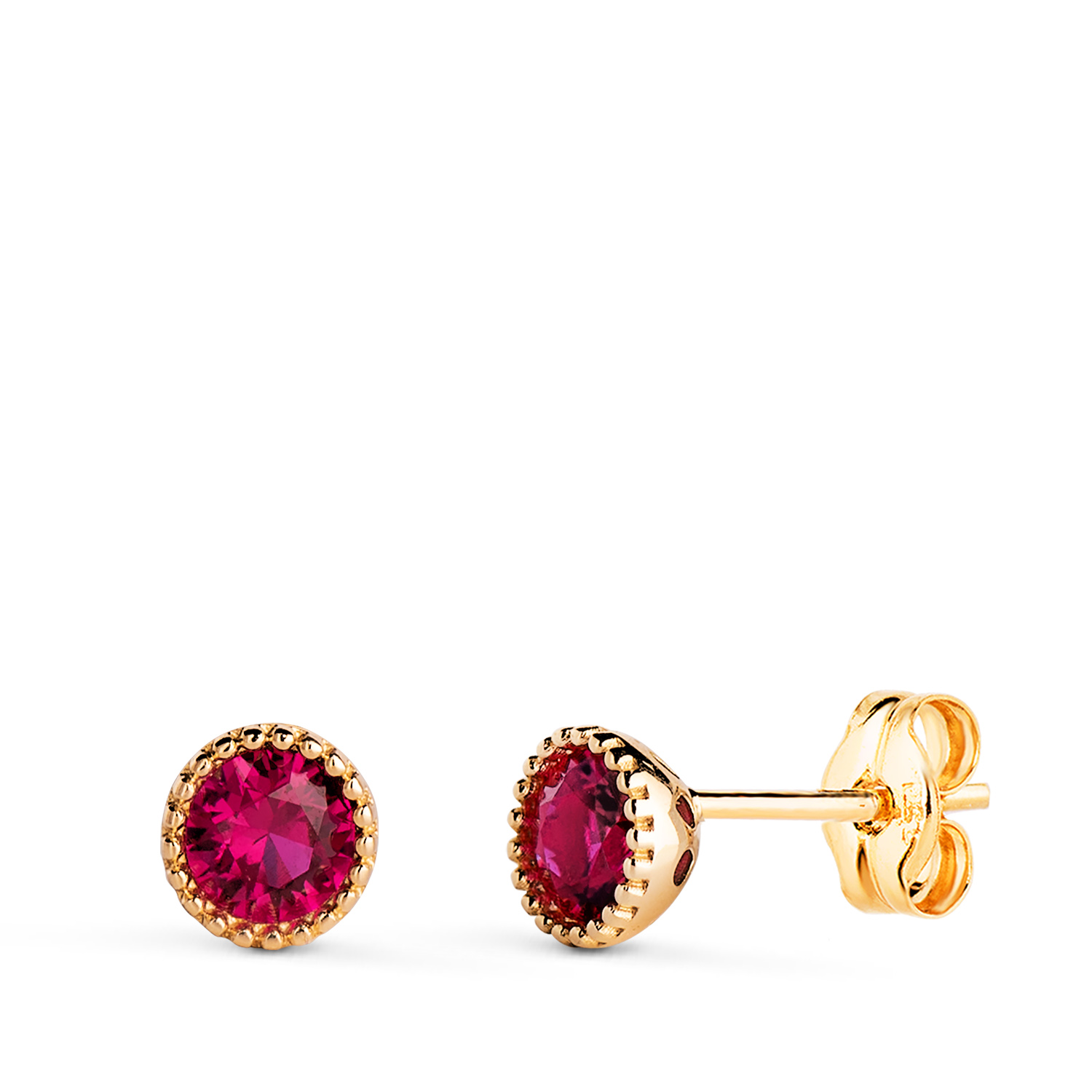 18K PENDIENTES ORO AMARILLO REDONDOS PIEDRA ROJA BORDES BOLITAS. MEDIDA: 5MM. CIERRE PRESION