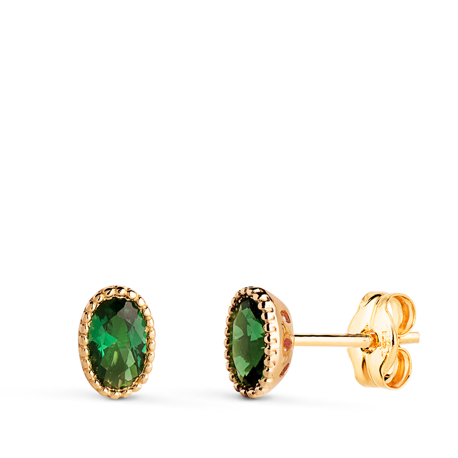 18K PENDIENTES ORO AMARILLO OVAL PIEDRA VERDE BORDES BOLITAS. MEDIDA: 6 X 4MM. CIERRE PRESION