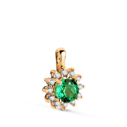 18K COLGANTE ORO AMARILLO ESMERALDA RECRISTALIZADA 5 MM 0,48 QT. 12 DIAMANTES LABORATORIO 0,170 QTS. VS2-G. 13 X 9 MM