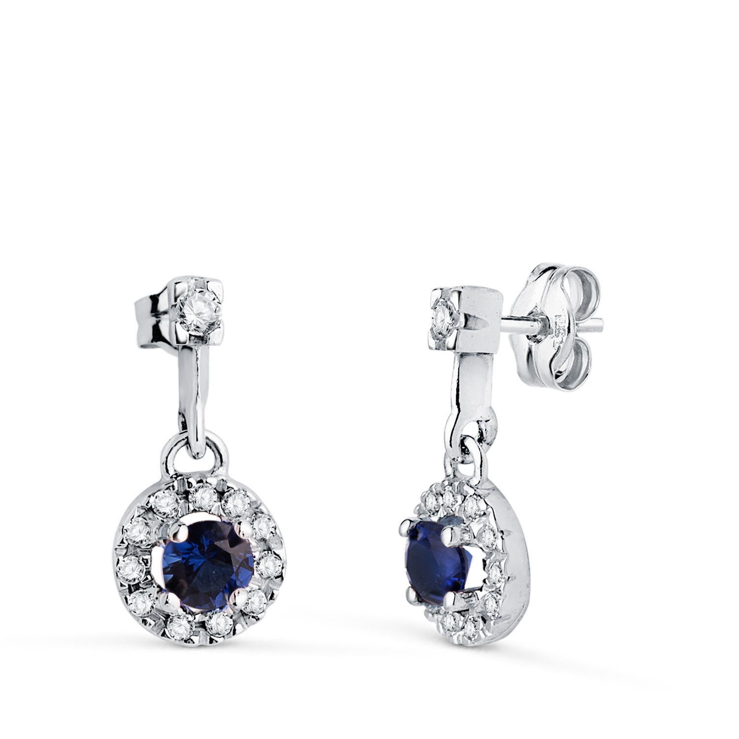 18K PENDIENTES ORO BLANCO DOS CUERPOS CON CIRCONITAS Y ZAFIRO. 14,5 X 7 MM. CIERRE PRESION