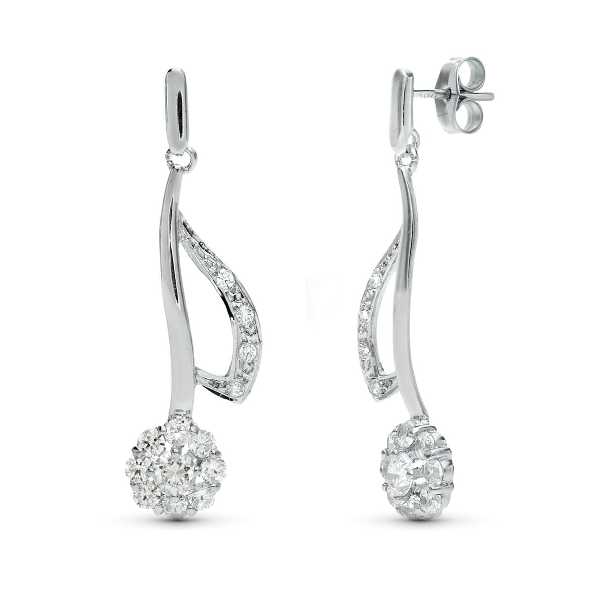 18K PENDIENTES ORO BLANCO JUEGO NOVIA LARGOS CUAJO 35X11 MM CIERRE PRESION