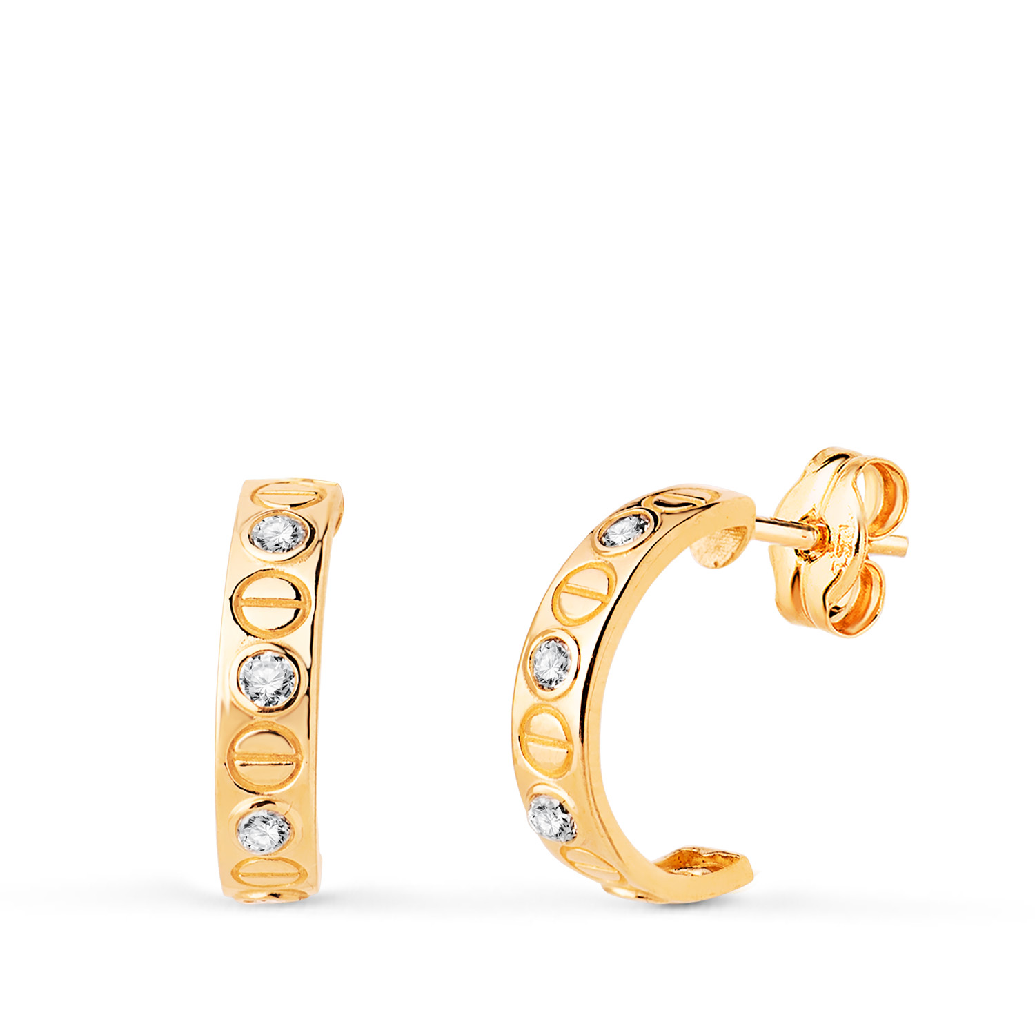 18K PENDIENTES ORO AMARILLO MEDIO ARO ABIERTO TORNILLOS Y CIRCONITAS EN BRILLO. MEDIDA: 12X3 MM. CIERRE PRESION