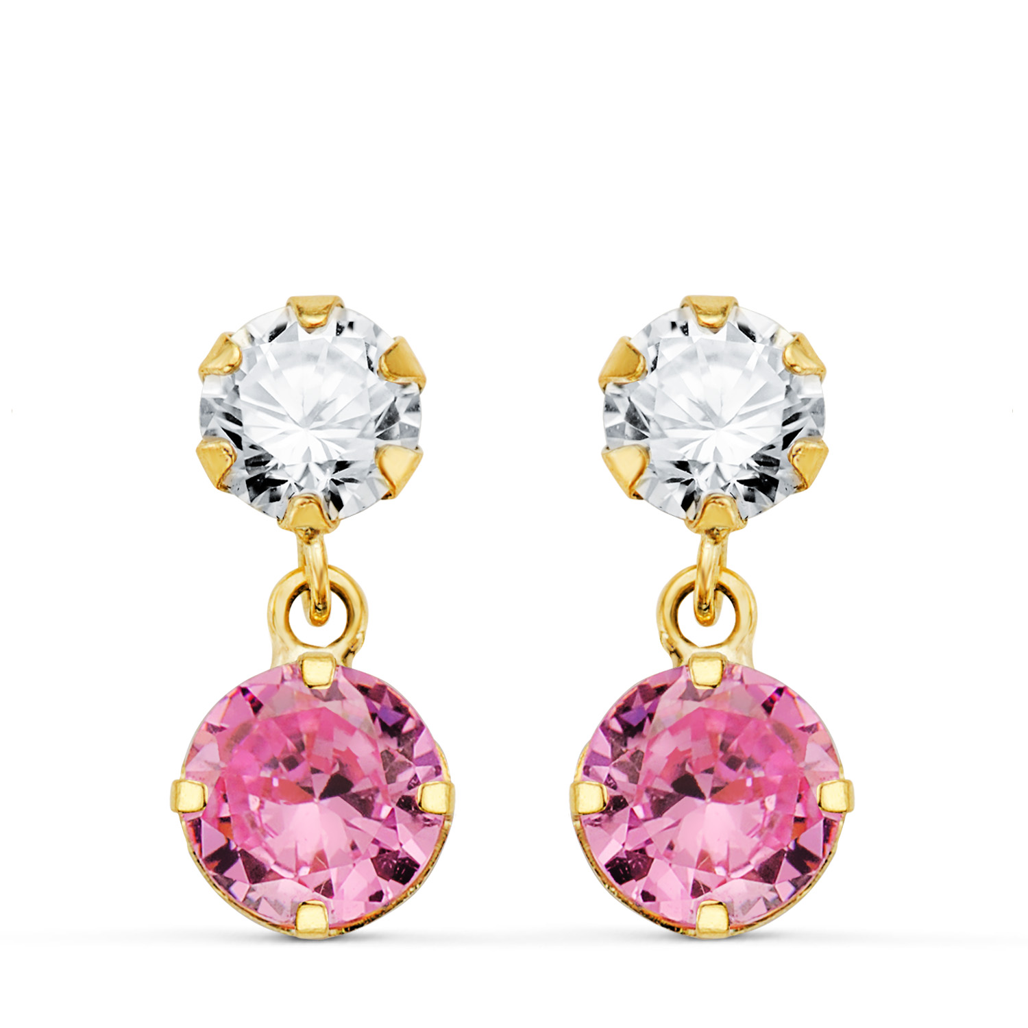 18K PENDIENTES ORO AMARILLO DOS CUERPOS CON CIRCONITA Y PIEDRA ROSA REDONDA 15 X 6MM. CIERRE PRESION