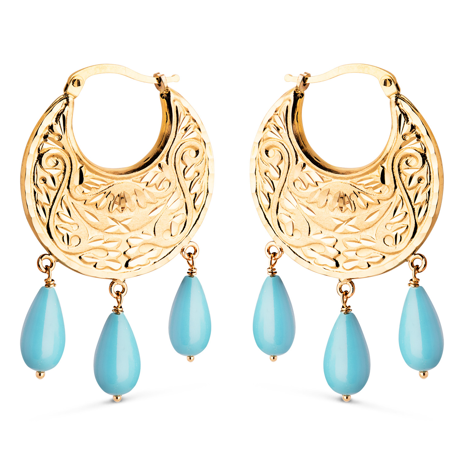 18K PENDIENTES AROS ORO AMARILLO TALLADOS PLANOS CON 3 COLGANTES DE TURQUESA. MEDIDA: 41 X 25 X 2 MM. CIERRE CLIP