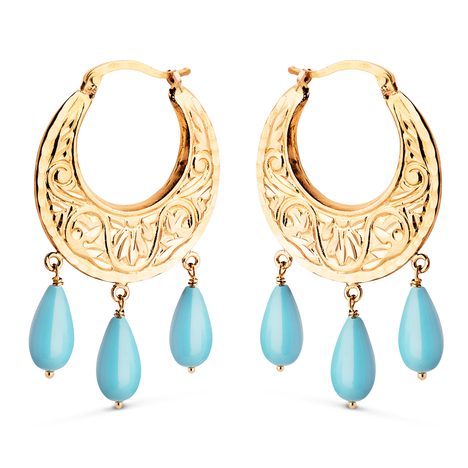 18K PENDIENTES AROS ORO AMARILLO TALLADOS PLANOS CON 3 COLGANTES DE TURQUESA. ANCHO: 25 X 2 MM. CIERRE CLIP