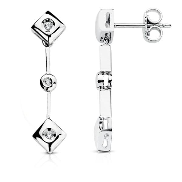 18K PENDIENTES ORO BLANCO DIAMANTES TALLA BRILLANTE 0.10 QTS. 28X7 MM CIERRE PRESION