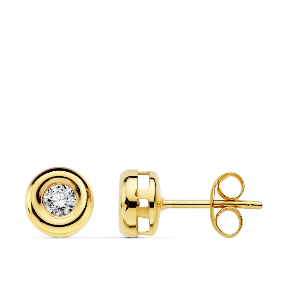 18K PENDIENTES ORO AMARILLO CHATON CON 2 DIAMANTES 0.22 QTS. SI-H. CIERRE PRESION