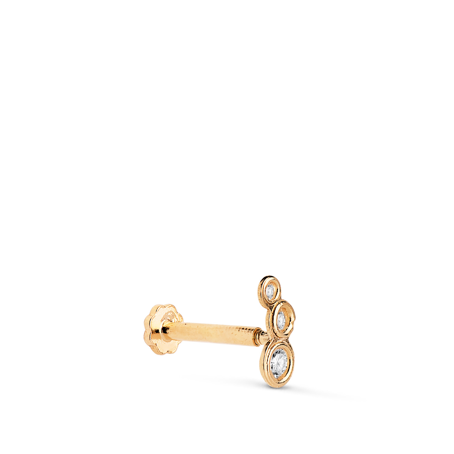18K PIERCING DE OREJA ORO AMARILLO CON 3 CIRCONITAS 6,5X3 MM. GRUESO BARRA 1.20 MM. CIERRE TUERCA
