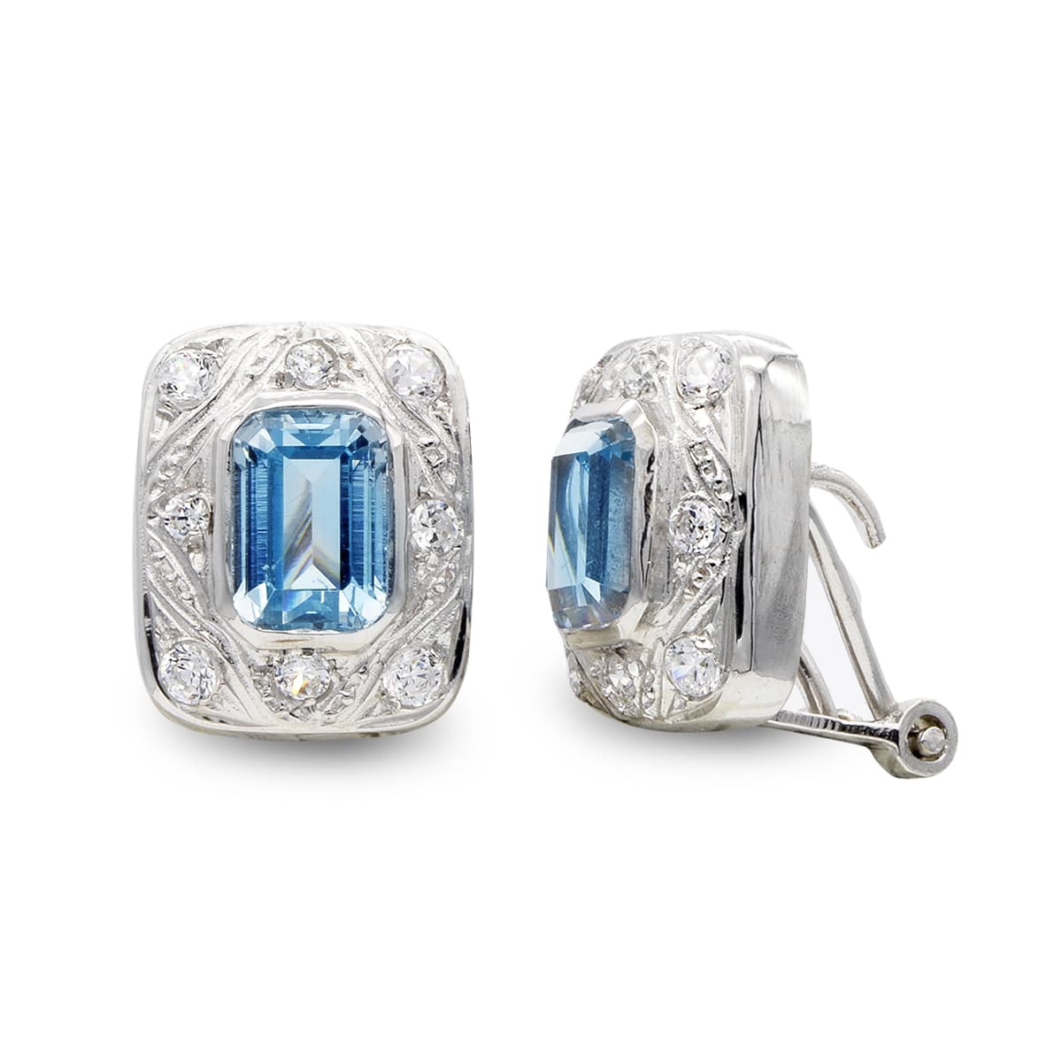 18K PENDIENTES AGUA MARINA Y CIRCONITAS ORO BLANCO 12 X 10MM CIERRE OMEGA
