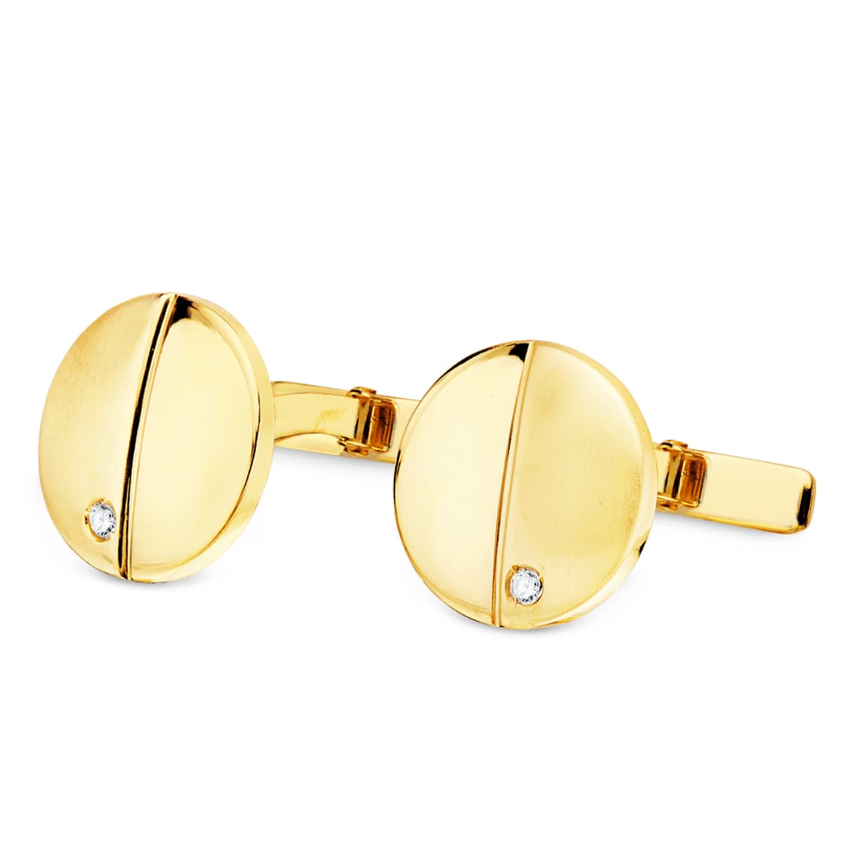 18K GEMELOS ORO AMARILLO MATE Y BRILLO 15 MM CIRCONITA CIERRE RIGIDO OSCILANTE