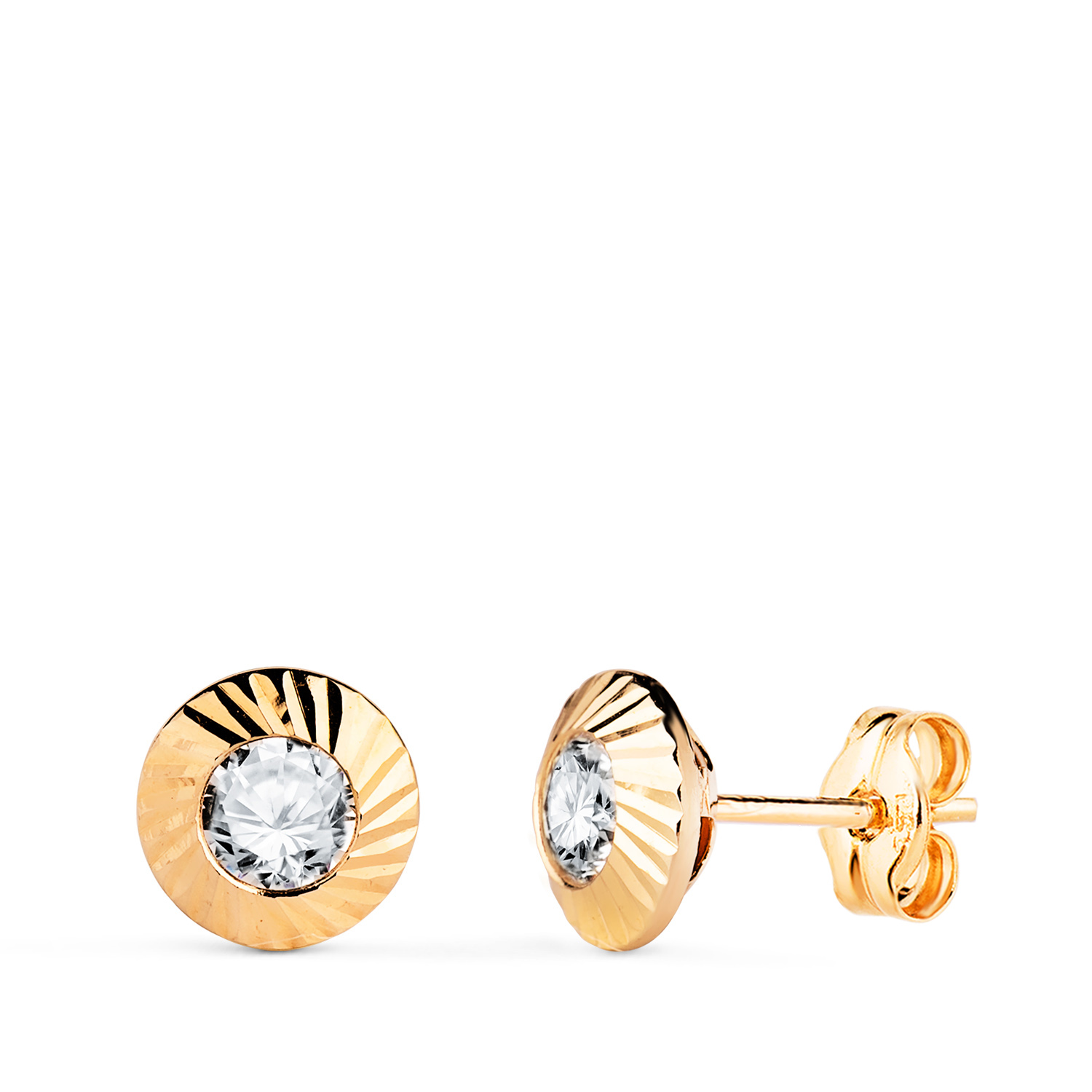 18K PENDIENTES ORO AMARILLO REDONDOS ORLA TALLADA CIRCONITA. MEDIDA: 7MM. CIERRE PRESION