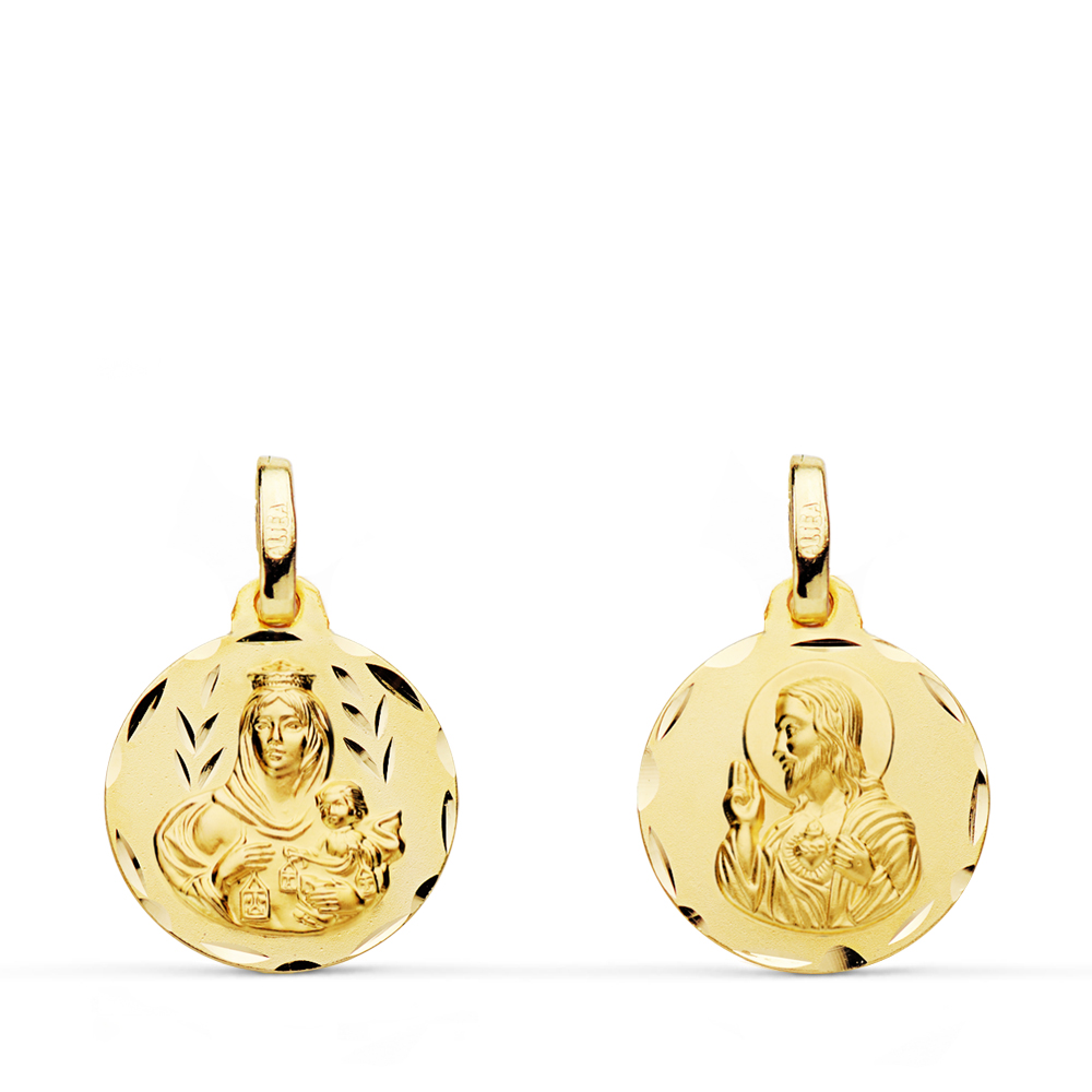 9K ESCAPULARIO ORO AMARILLO TALLADO VIRGEN DEL CARMEN CORAZON DE JESUS 14 MM