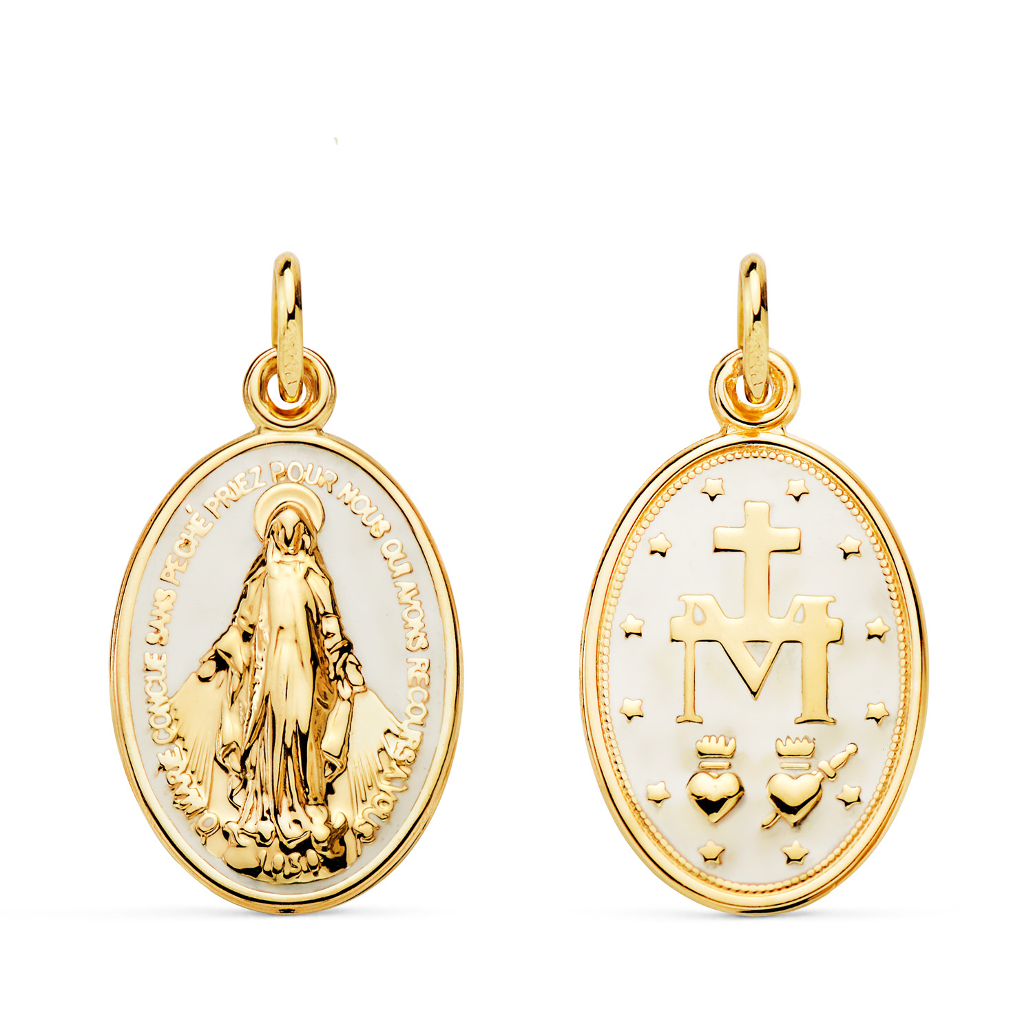 9K MEDALLA ORO AMARILLO VIRGEN MILAGROSA OVAL ESMALTE BLANCO. MEDIDA: 20 X 14 MM