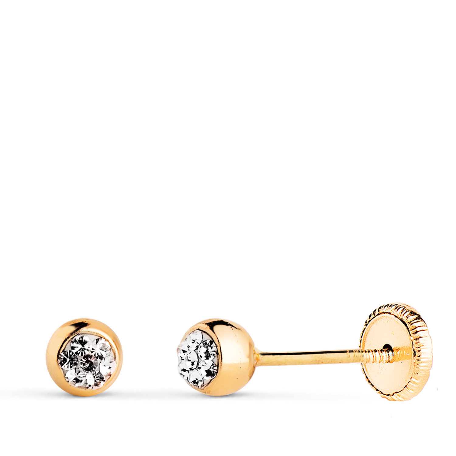 18K PENDIENTES ORO AMARILLO BOLA EN BRILLO CON CIRCONITAS. MEDIDA: 4MM. CIERRE TUERCA