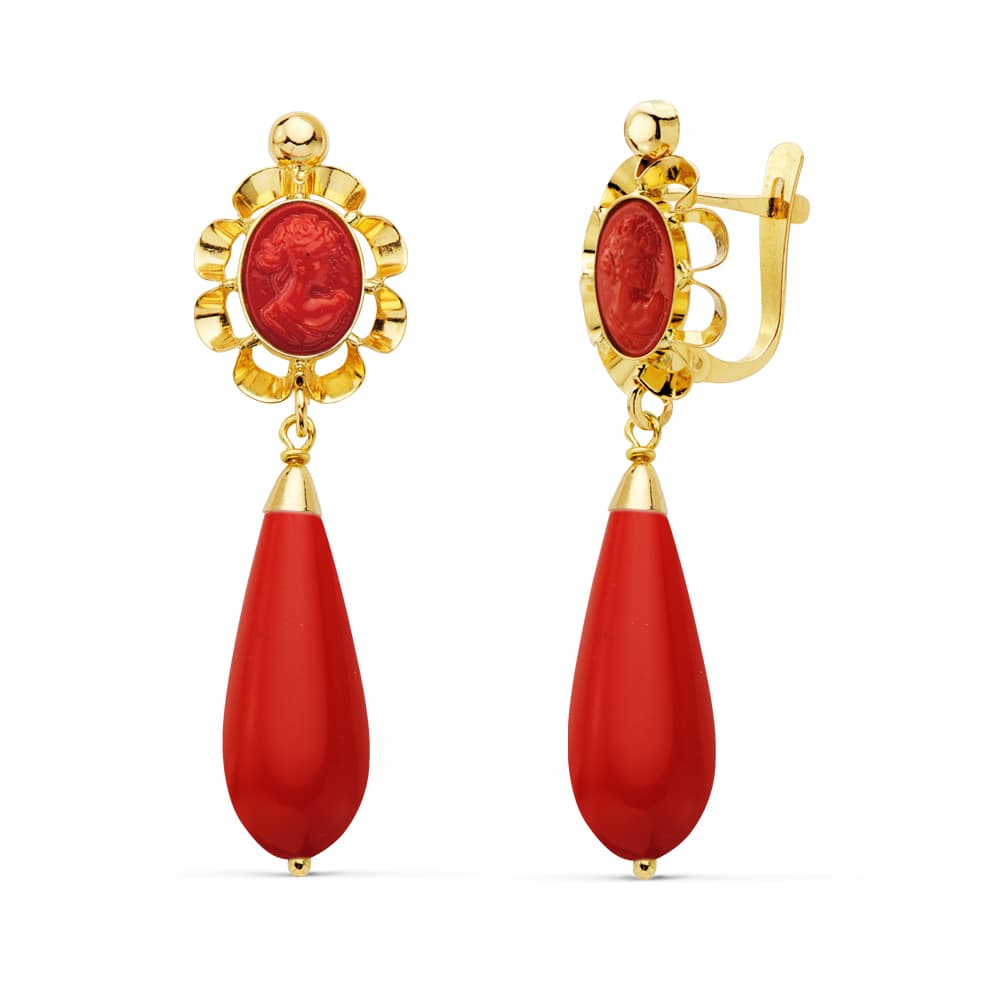 18K PENDIENTES CUBANAS ORO AMARILLO CORALINA CAMAFEO 38X10 MM CIERRE CATALÁN
