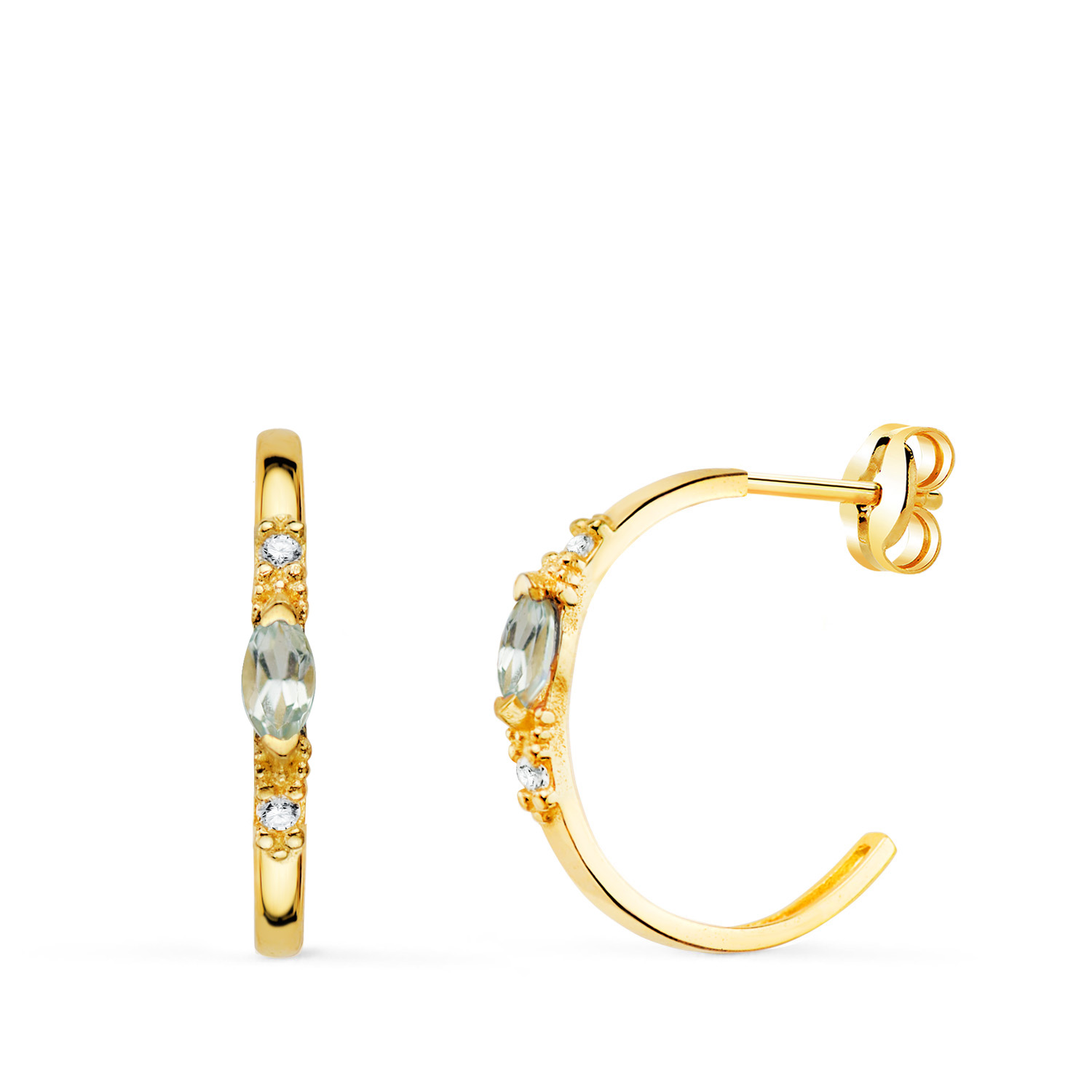 18K PENDIENTES ORO AMARILLO MEDIO ARO AGUAMARINA TALLA MARQUISE. 15X2 MM. CIERRE PRESION