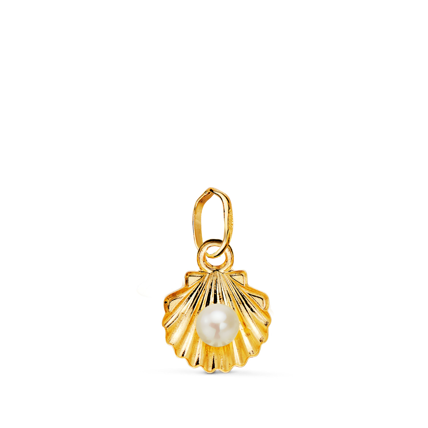 18K COLGANTE ORO AMARILLO CONCHA 10 MM ACABADO PULIDO CON REASA MEDIA CAÑA