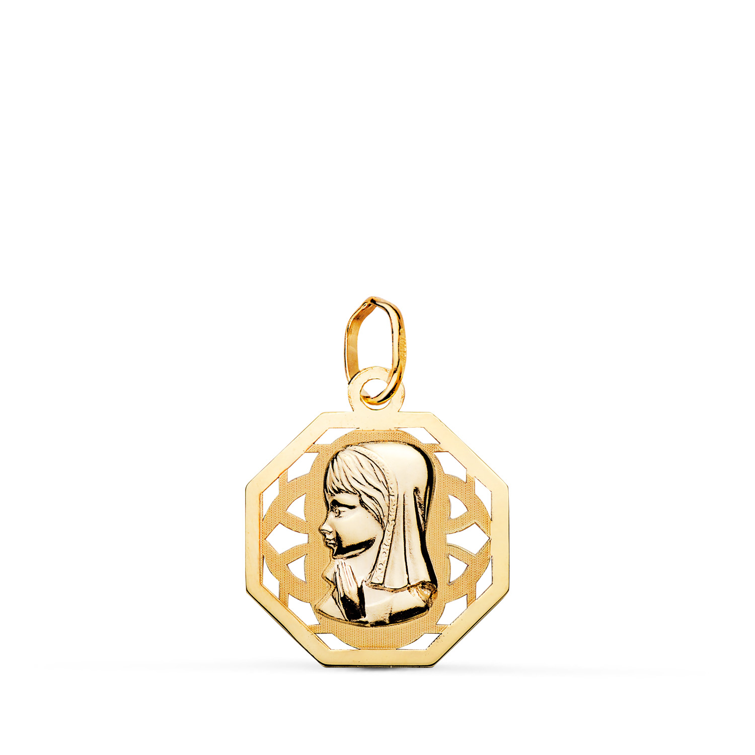 18K MEDALLA ORO AMARILLO VIRGEN NIÑA OCTOGONAL CALADA MATE Y BRILLO. MEDIDA: 17 X 15 MM