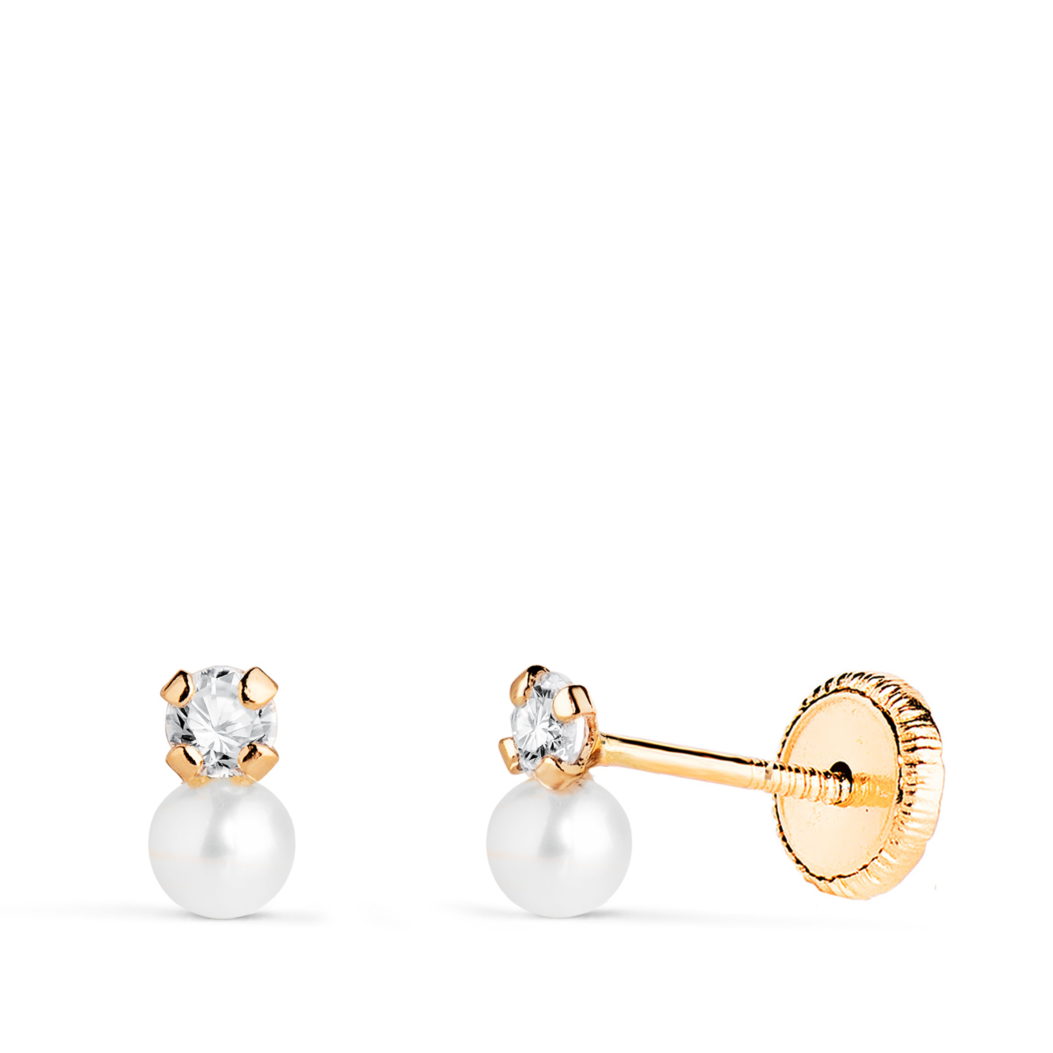 18K PENDIENTES ORO AMARILLO TU Y YO PERLA Y CIRCONITA EN 4 GARRAS. MEDIDA: 6 X 3,5 MM. CIERRE TUERCA