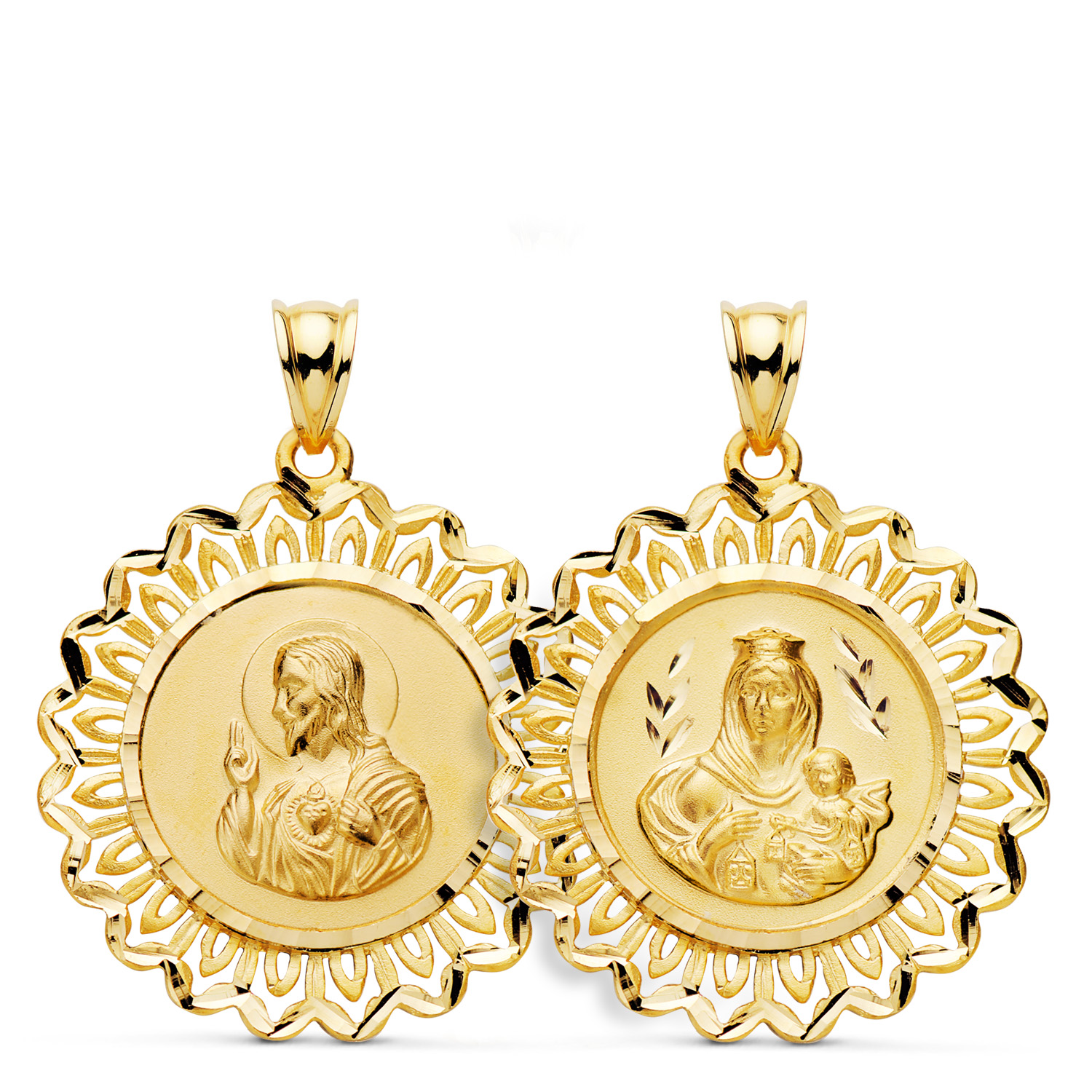 18K MEDALLA ORO AMARILLO ESCAPULARIO ORO AMARILLO CERCO CORAZON DE JESUS Y V CARMEN 31X28 MM