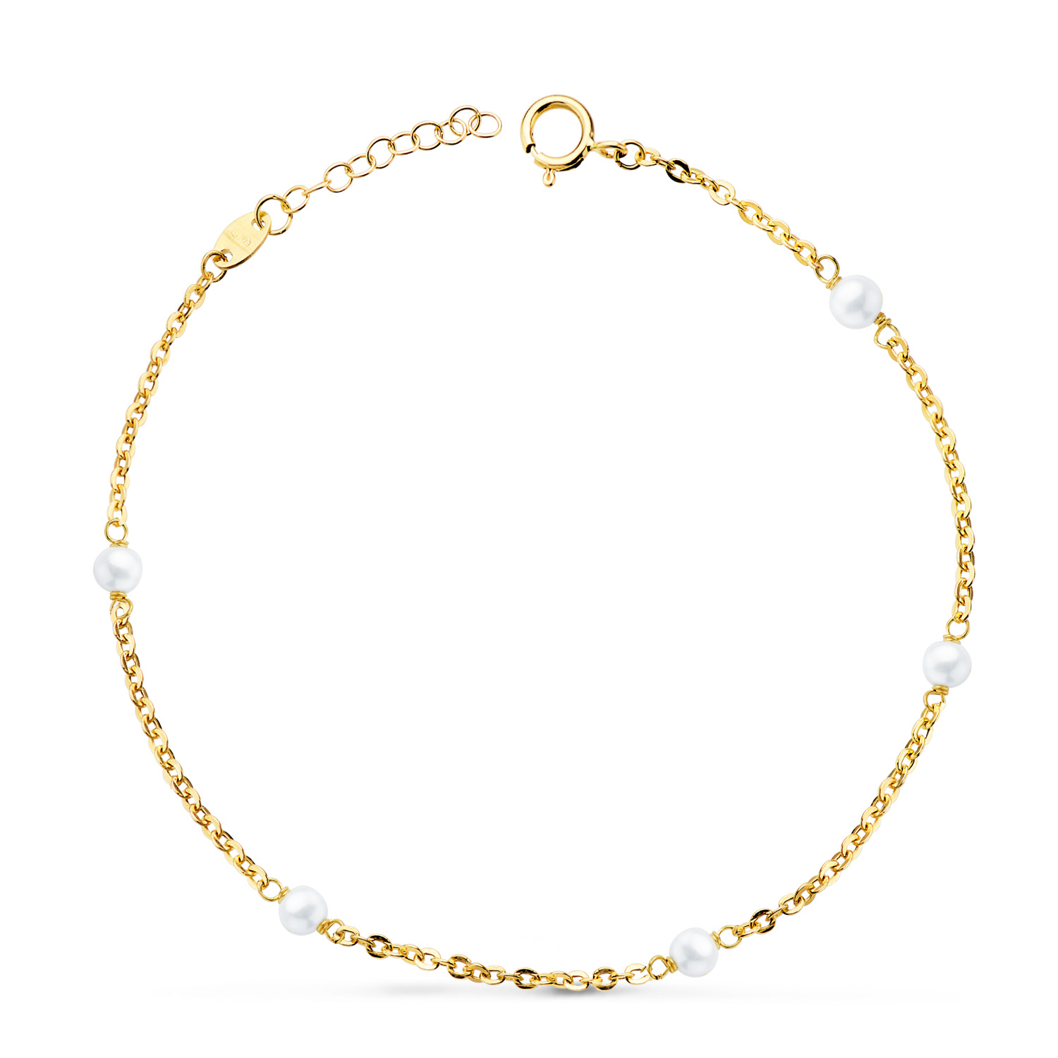 18K PULSERA ORO AMARILLO 5 PERLAS DE 3,5 MM ESLABON FORZADO HUECO. LARGO: 16 3 CM
